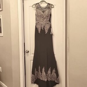 Women's Embroidery Lace Long Mermaid Formal Evening Prom Dresses, Navy Blue